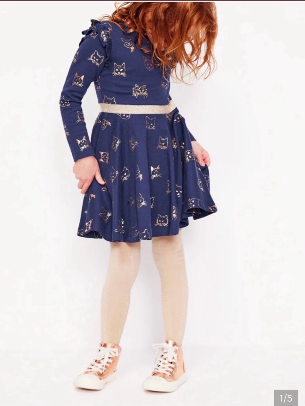 Mini Boden Navy Cat-Print Long Sleeve Skater Dress with Gold Waist